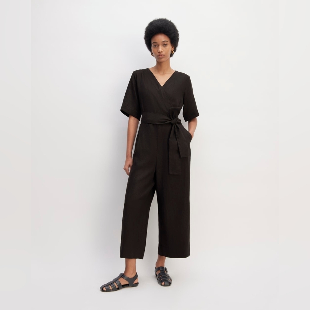New Everlane (Pre-Shein) Black 100% Linen Wrap Jumpsuit with Short Sleeves